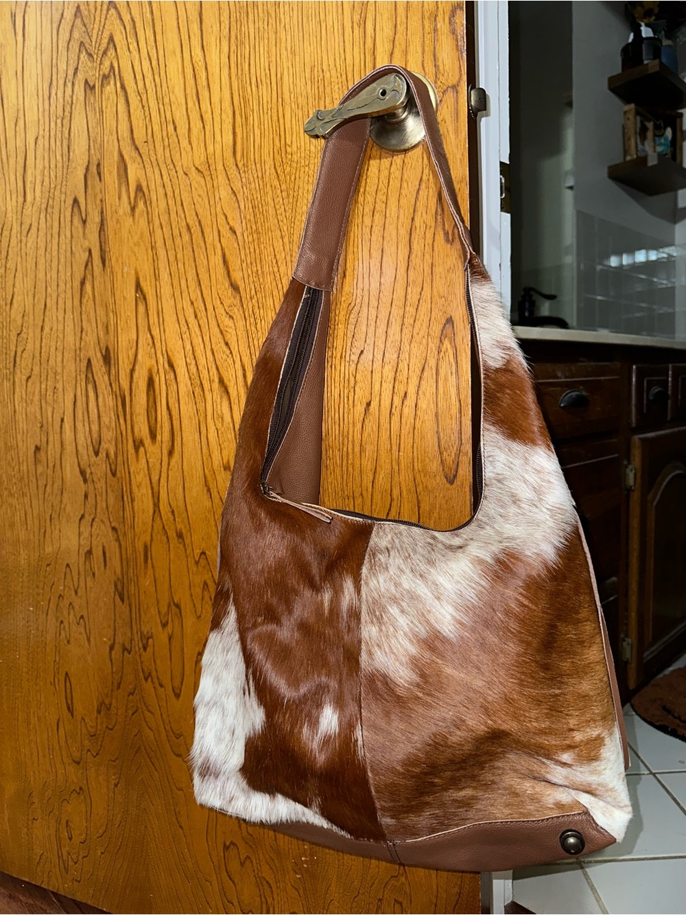 Brown Cowhide Hobo Shoulder Bag - Leather Trim